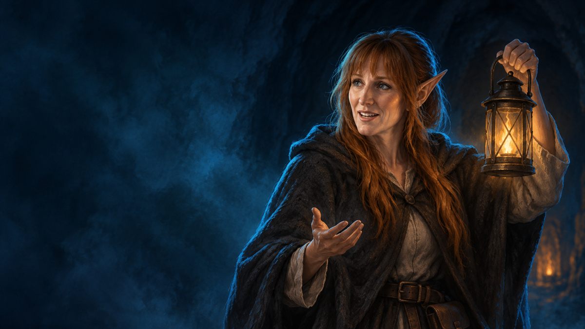 A female elf storyteller holds up a lantern in front of a dark dungeon entrance with a warm glow far inside
