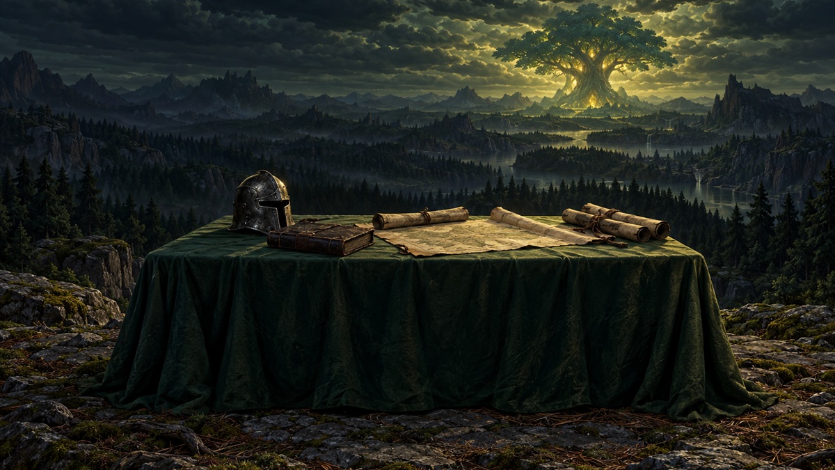 Une table de guerre drapée de tissu, avec un heaume et des cartes, se dresse sur un rebord de montagne devant une brume verte.