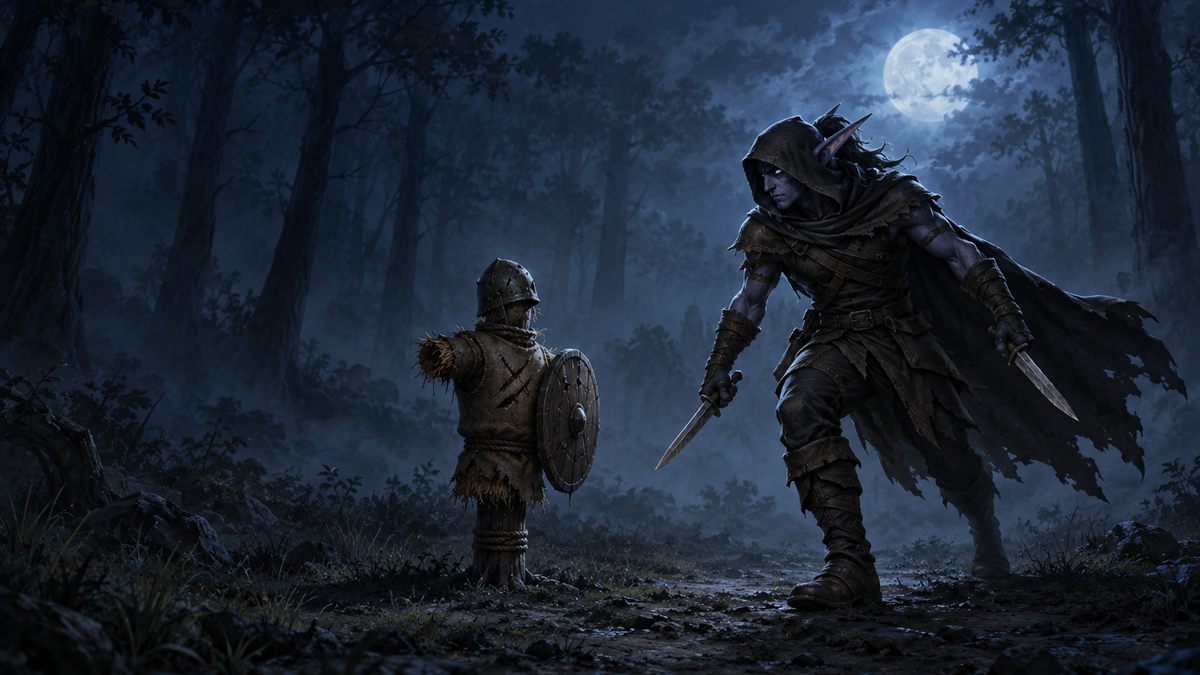 Un voleur elfe de la nuit, une dague dans chaque main, sort de l'ombre vers un mannequin de paille dans un bois éclairé par la lune