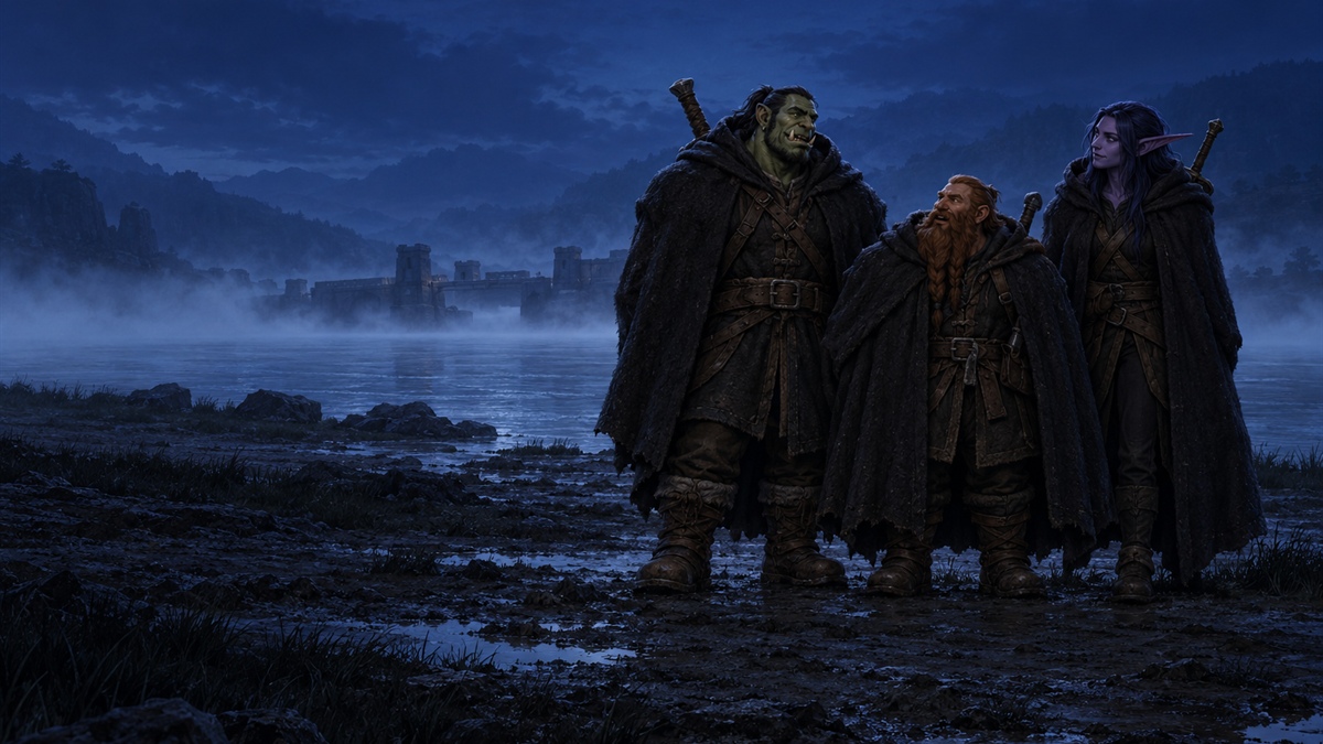 Three cloaked travellers standing close together on a riverbank against a band of mist at dusk.