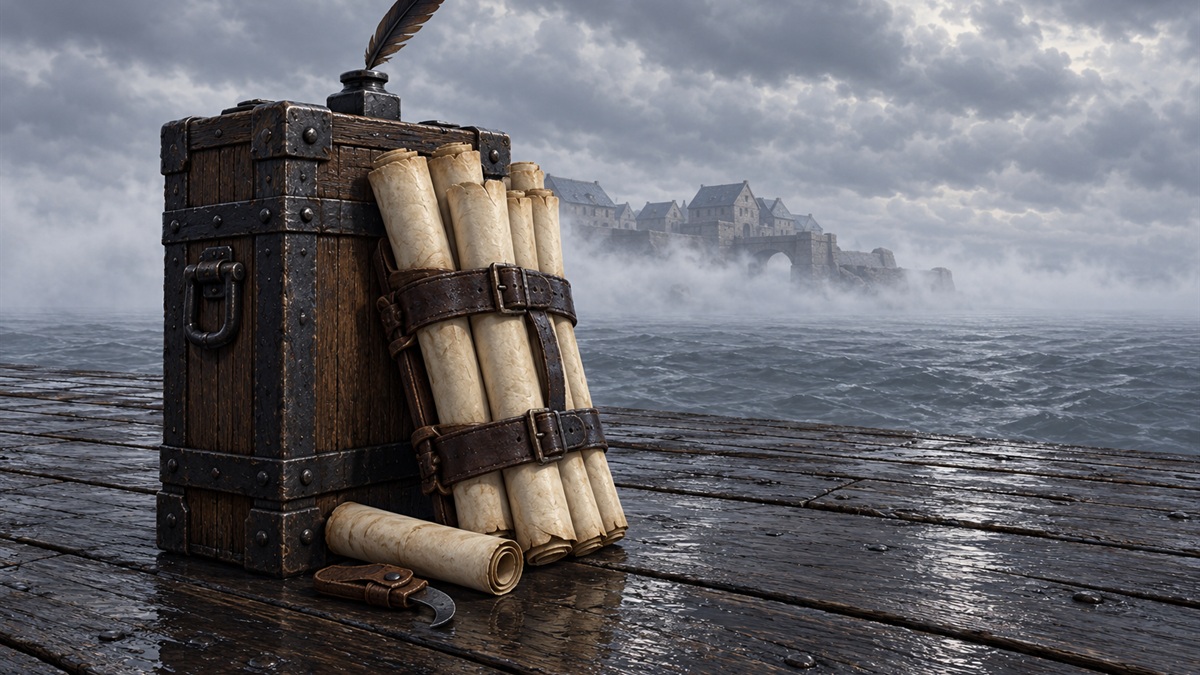 An iron-bound chest stands on a foggy quay with a bundle of rolled posters and a quill.