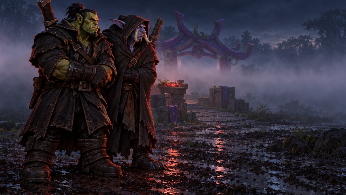 Un orco y un trol de pie muy juntos ante la puerta de un campo de batalla con niebla al amanecer.