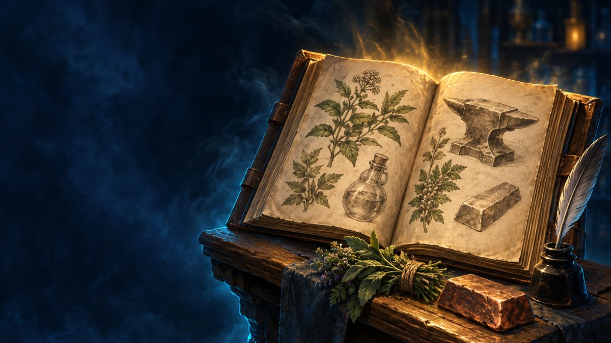 Ein offenes, in Leder gebundenes Rezeptbuch mit Skizzen von Kräutern und Werkzeug auf einem Pult, im Dunkeln in Gold und Cyan angestrahlt