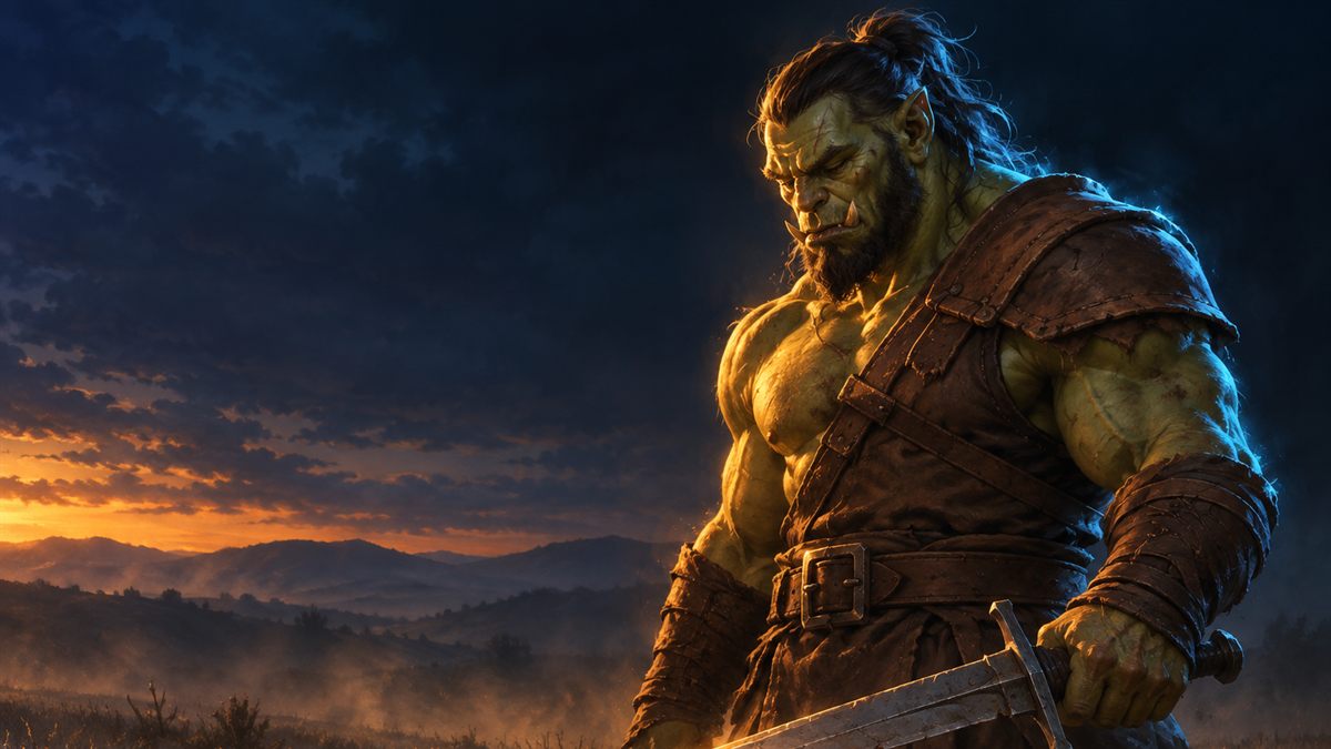 Un guerrier orc en armure de cuir usée abaisse son épée après un duel dans une steppe au crépuscule