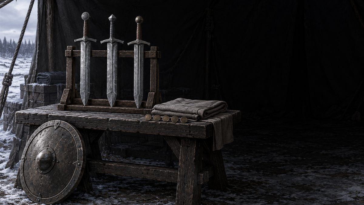 A rack of swords, a folded plain tabard and a row of blank bronze tokens on a table inside a dark war tent.