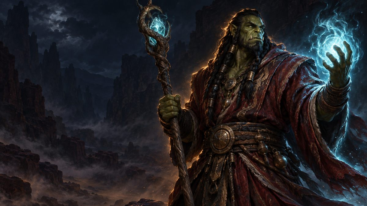 Ein Orc-Magier in karmesinroter Robe beschwört nachts in einer dunklen Wüstenschlucht eine wirbelnde Kugel aus blauem Feuer