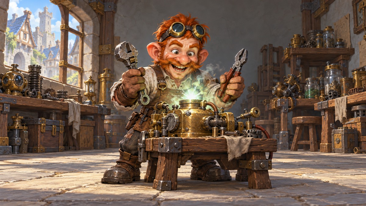 Un gnome inventeur sourit tandis qu'un appareil lance un éclair vert et blanc dans son atelier la nuit.