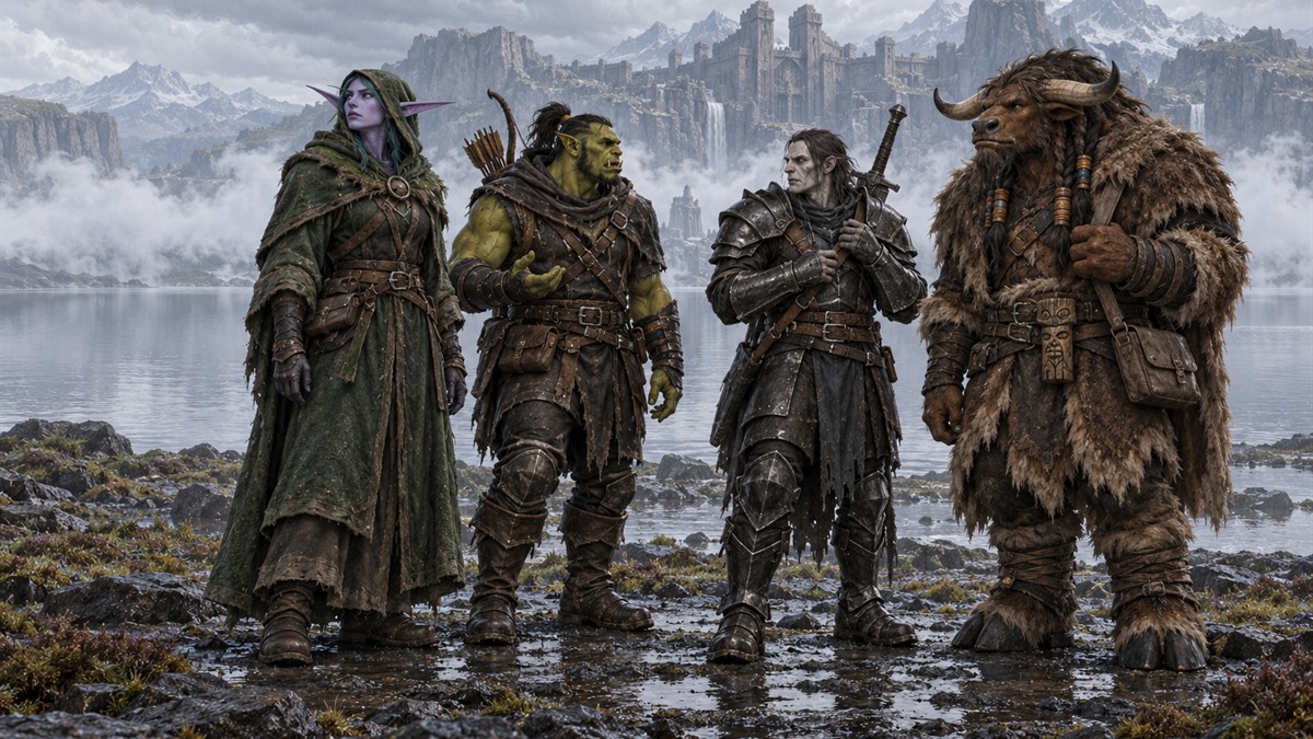 4 raid companions, an elf, an orc, a human warrior and a tauren, stand side by side on a wet lake shore.