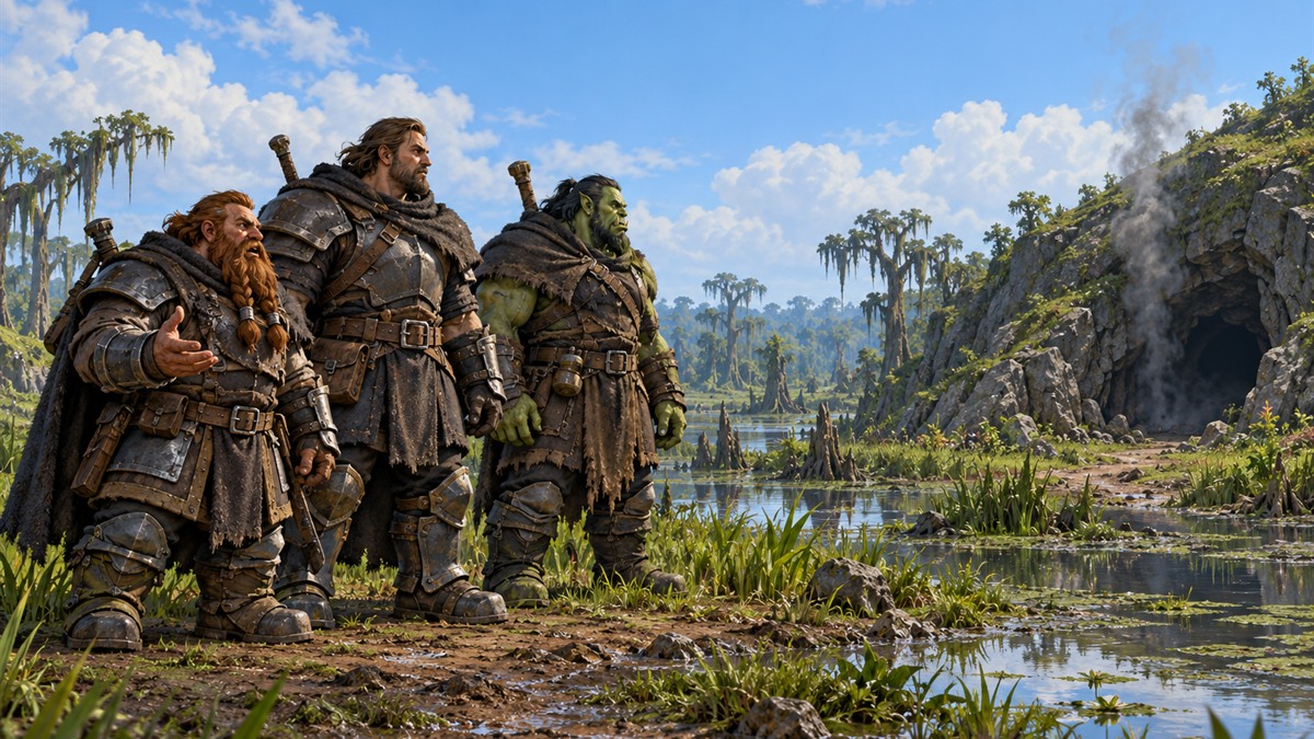 Three raiders standing shoulder to shoulder in a sunlit swamp, looking towards a smoking cave.