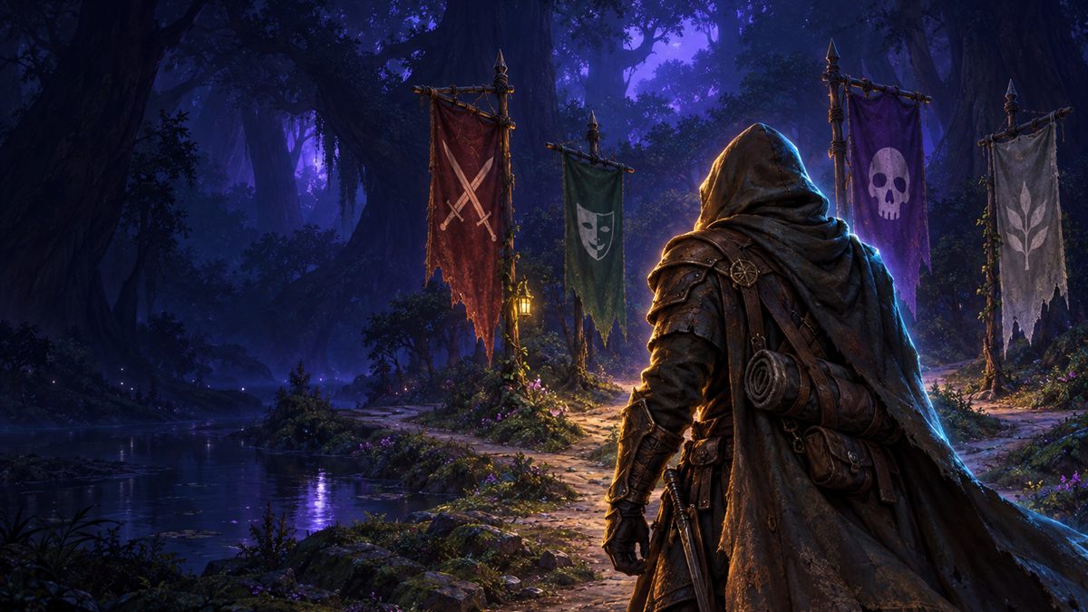 A hooded adventurer at a misty forest crossroads at night, facing a row of tall banners in different colours, lit in gold and cyan