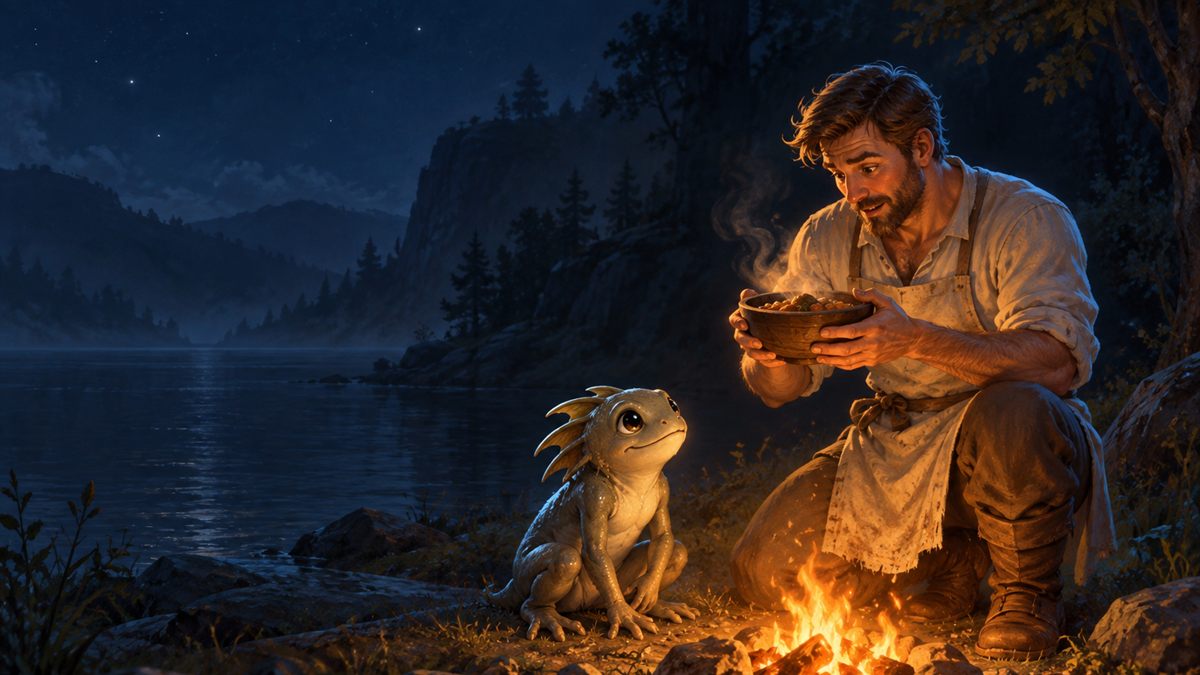 Un homme surpris, en tablier de cuisinier, regarde un bol fumant près d'un feu de camp, avec un petit murloc assis à ses pieds