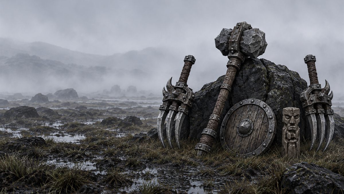 Deux armes de pugilat et une masse à deux mains dressées contre un rocher dans une lande mouillée, sombres devant un banc de brume pâle.