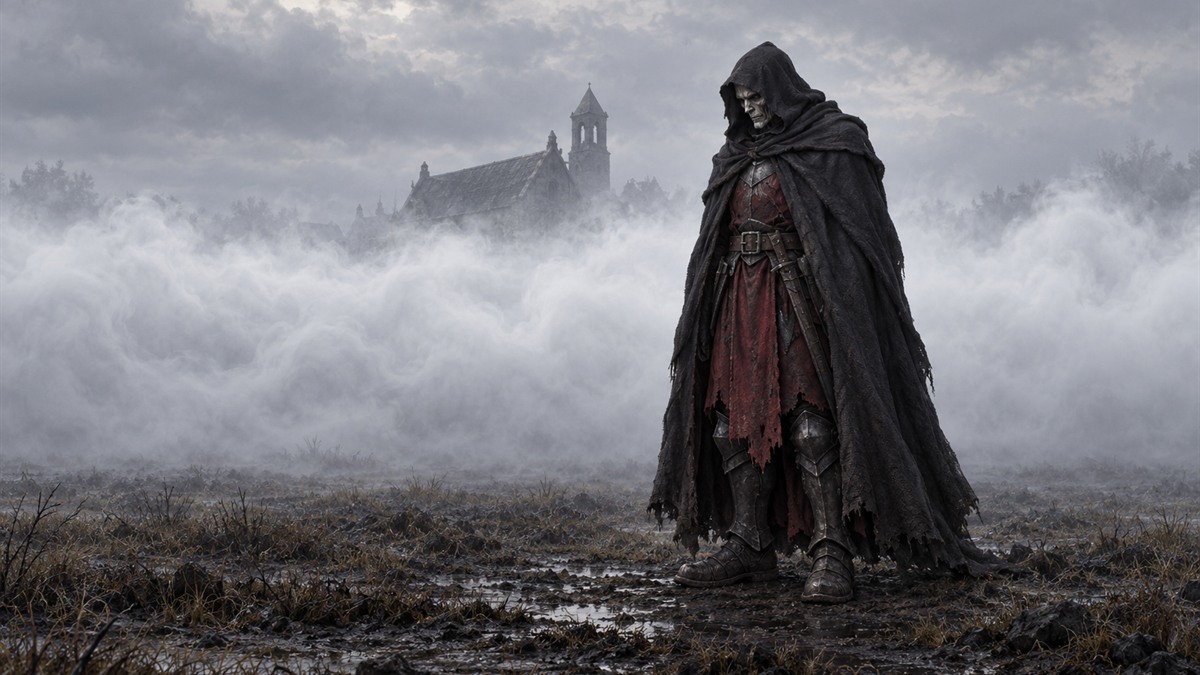 A hooded undead knight in a faded crimson tabard stands in a field against a band of fog.