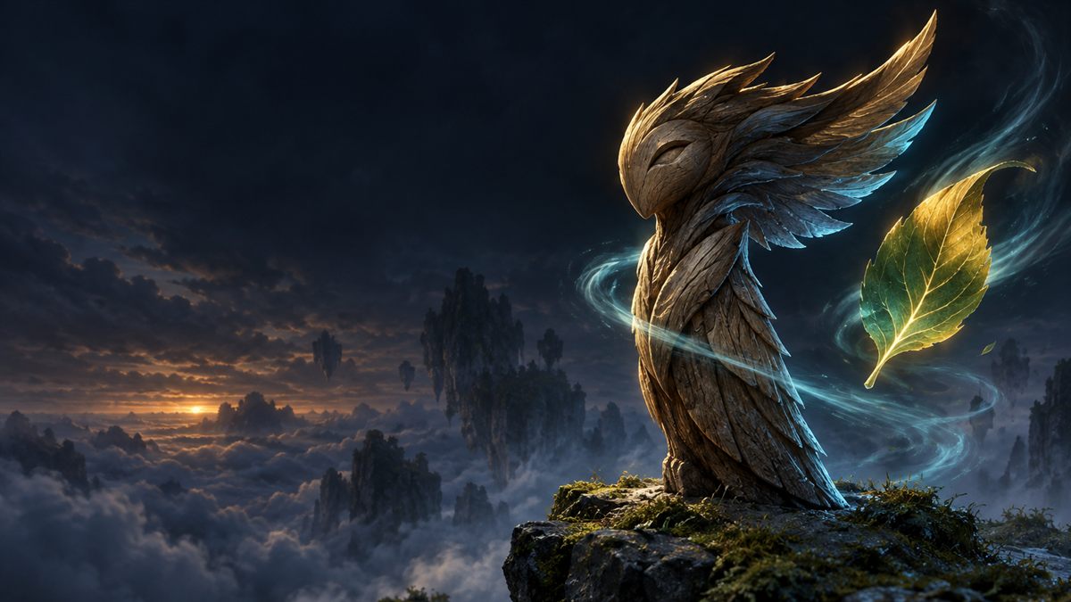 A carved wooden wind-spirit totem and a glowing leaf caught in a swirl of wind on a cliff top above the clouds at dusk