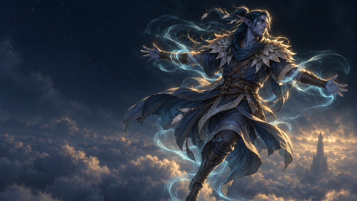 A blue-skinned elf with white feathers in his dark hair glides down through the night sky above the clouds, lit in gold and cyan
