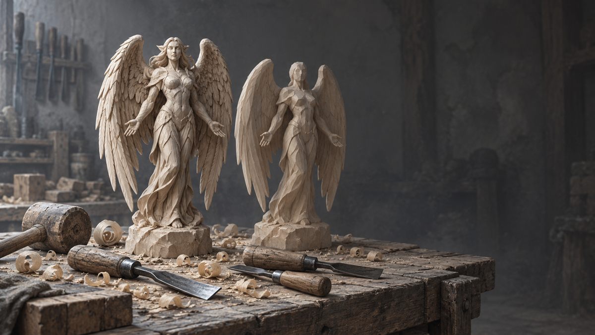 Two wooden carvings of the same winged figure on a workbench, one finely detailed and one cut in plain flat planes.