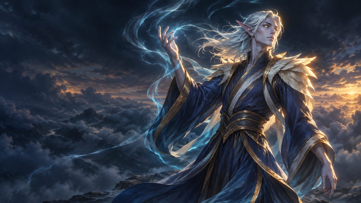 A tall elf in blue and gold robes raises one hand as if speaking, with glowing wisps of wind around him on a dark clifftop