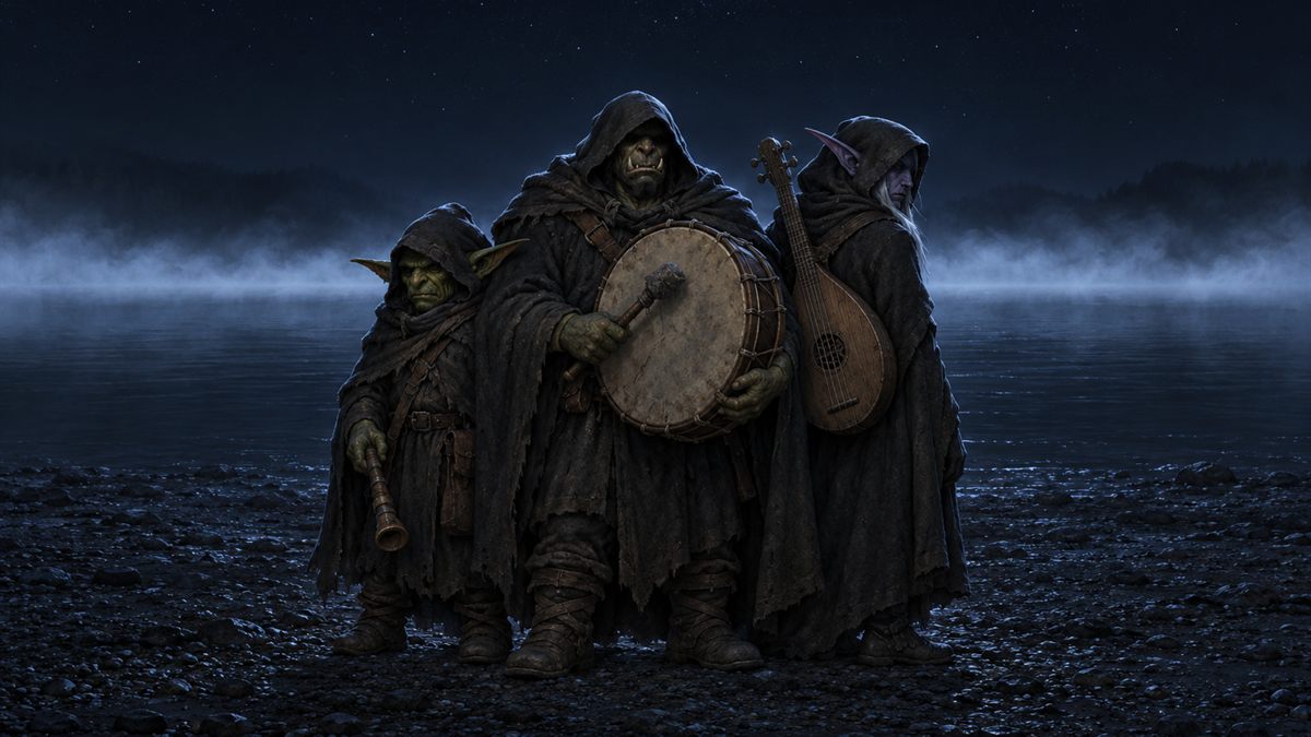 Trois musiciens en manteau serrés les uns contre les autres sur la rive d'un lac la nuit, noirs devant un banc de brume.