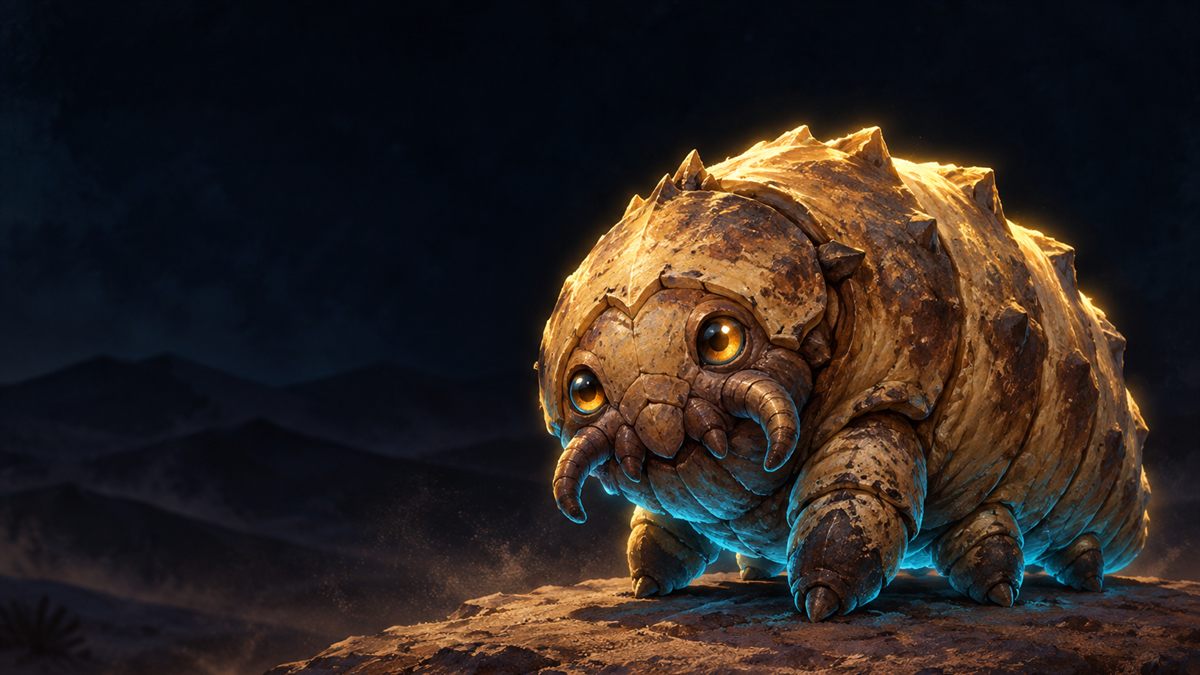 A small armoured grub-like creature sitting on a rock in a dark desert, lit in gold and cyan