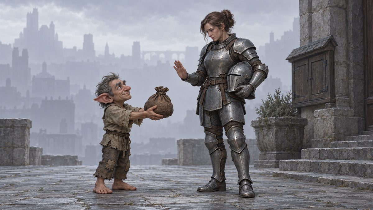 A small ragged gnome holds out a heavy coin sack to an armoured woman on grey bank steps.