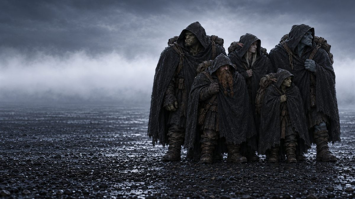 Five cloaked travellers waiting together at a river crossing before sunrise, black against a band of mist.