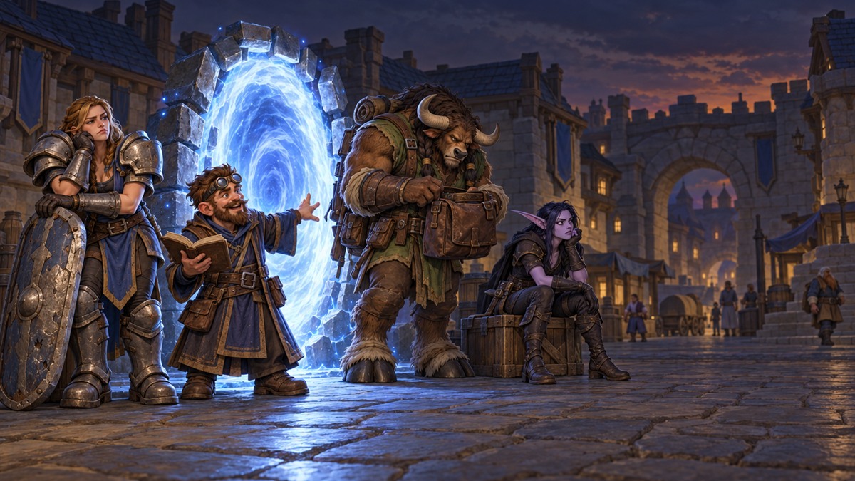Four adventurers waiting beside an open mage portal in a city square at dusk.