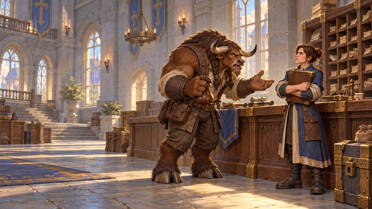A clerk with a closed ledger and a trader arguing across an auction house counter in low sunlight.
