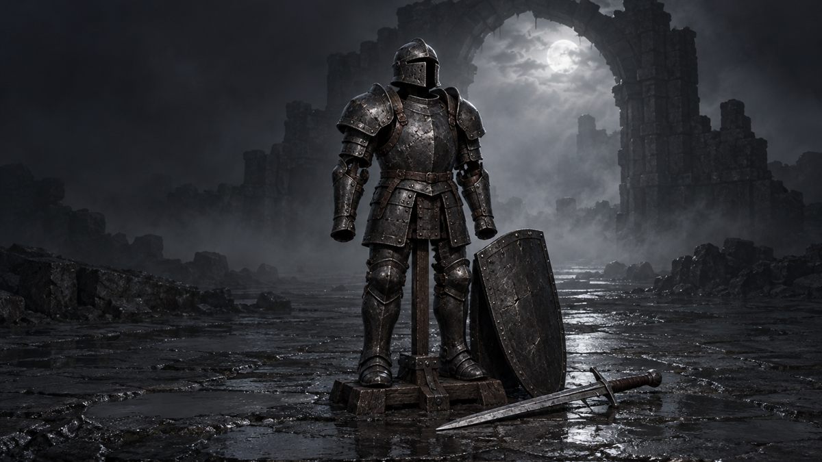 A single suit of plate armour on a stand in a ruined hall at night, black against moonlit mist in the archway behind.