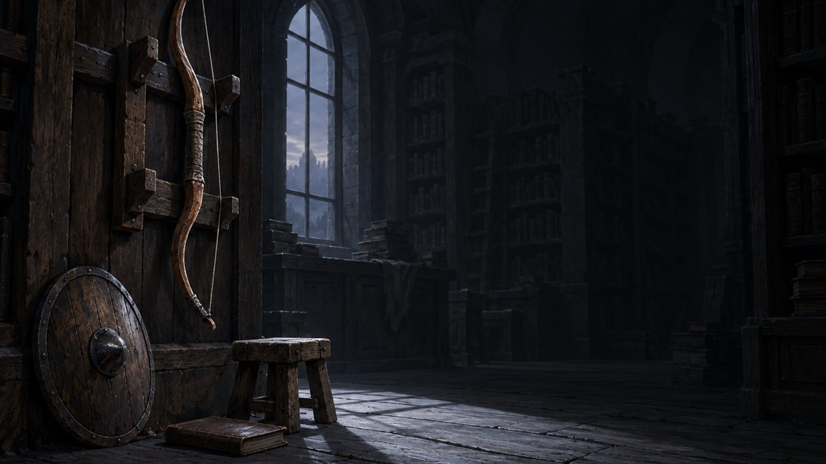 Un arc simple accroché hors de portée sur un râtelier mural au-dessus d'un petit tabouret, éclairé par un unique rectangle de lumière pâle avant l'aube.