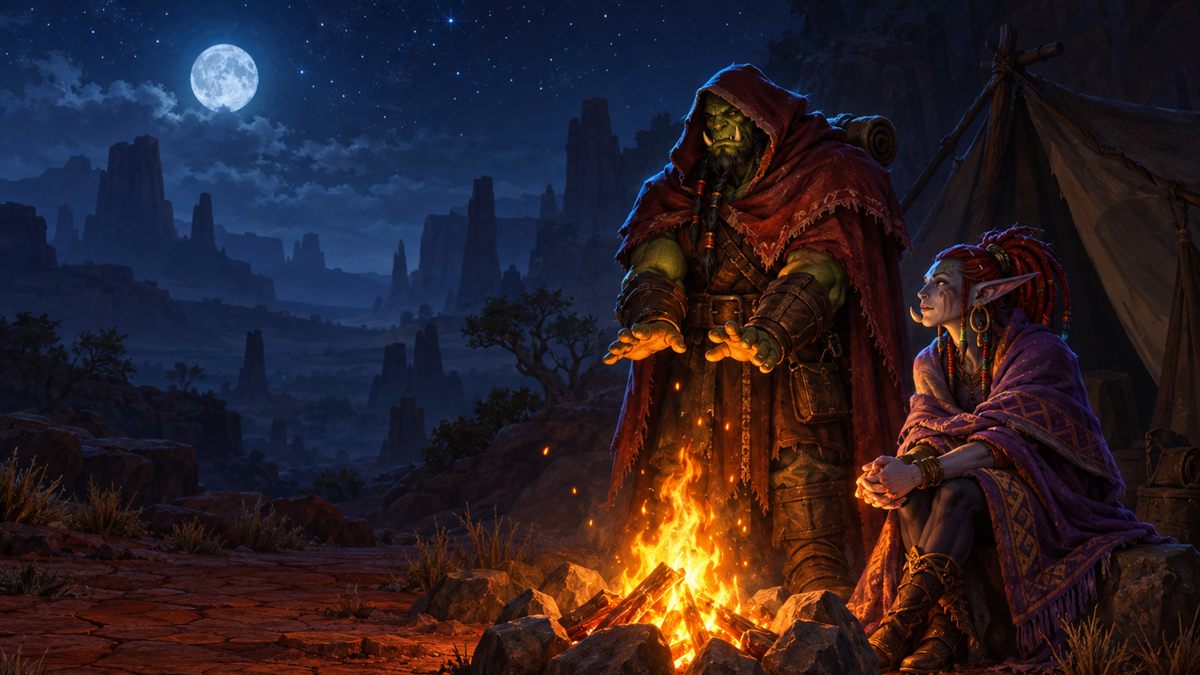 An orc in a hooded travelling cloak and a troll woman sitting on a rock warm themselves at a small campfire at night, lit in gold and cyan