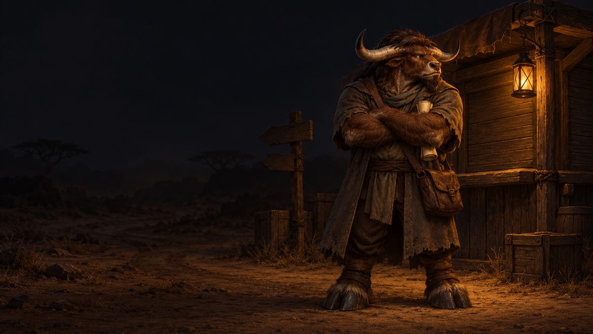 A tauren trader stands with folded arms by a shuttered stall lit by one lantern at night.