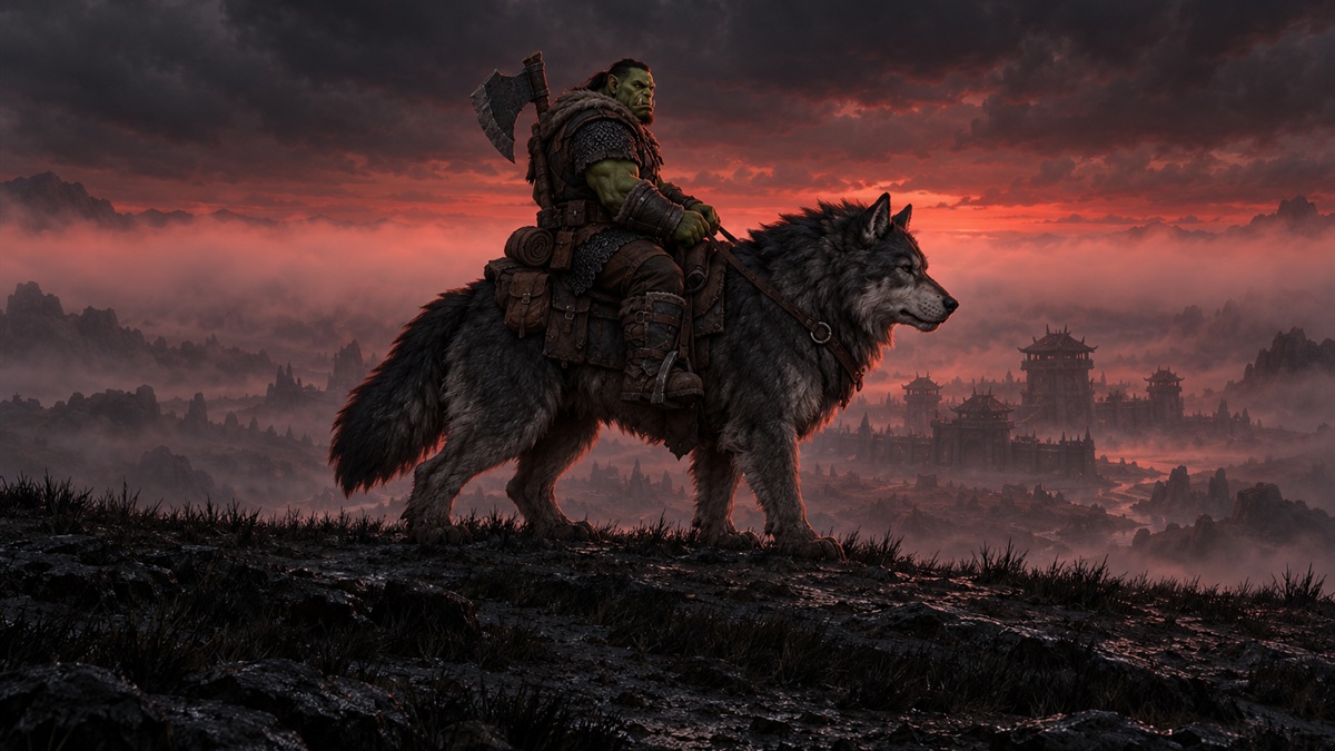 An orc warrior on a great wolf on a ridge against a band of red-tinted fog at dusk.