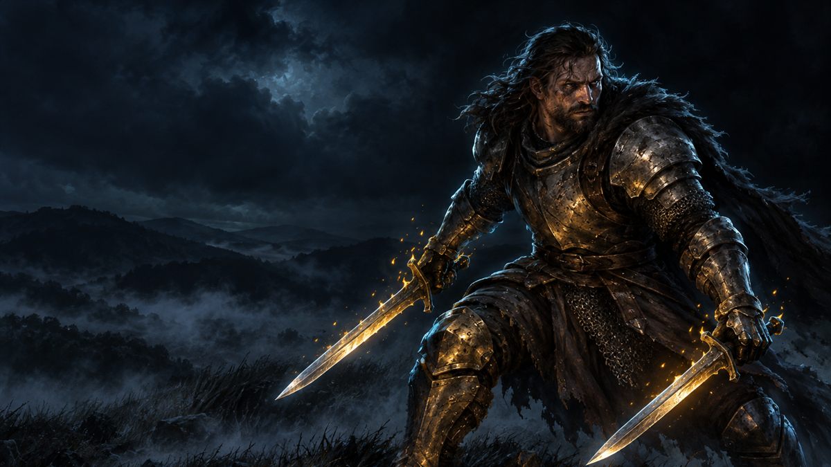 A warrior crouched with two glowing swords on a misty night hillside, lit in gold and cyan