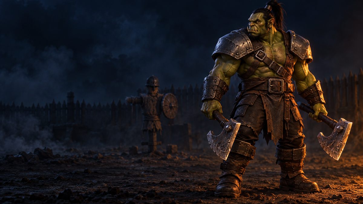Un guerrier orc avec deux haches se tient sur un terrain d'entraînement poussiéreux en plein soleil de midi.