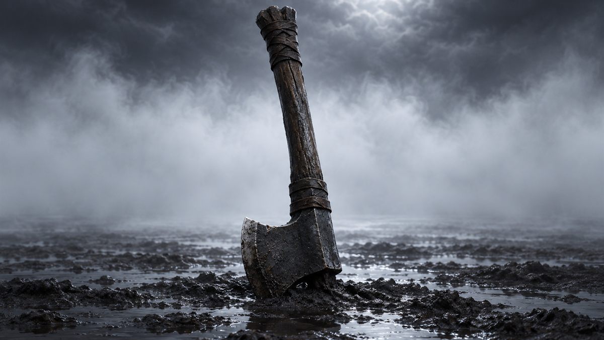 Una sola hacha clavada en el barro de una excavación inundada de noche, negra contra un muro de niebla iluminada por la luna.