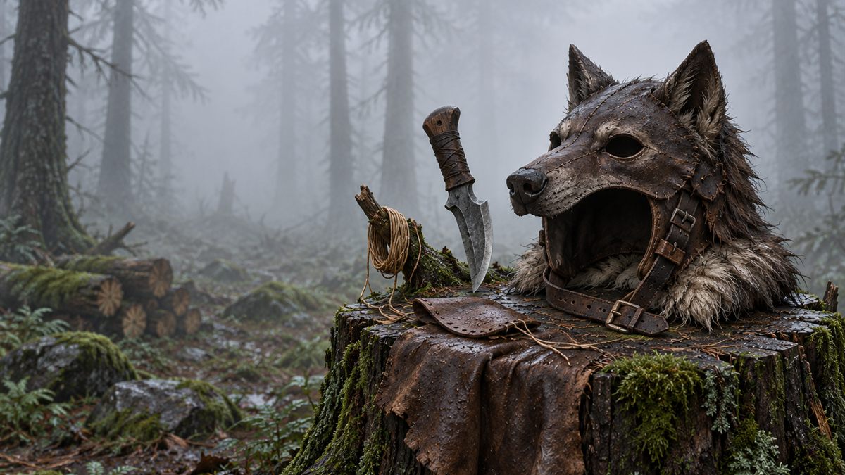 Ein Helm aus Leder und Fell in Form eines Wolfskopfes liegt auf einem Baumstumpf auf einer nebligen Waldlichtung an einem grauen Morgen.