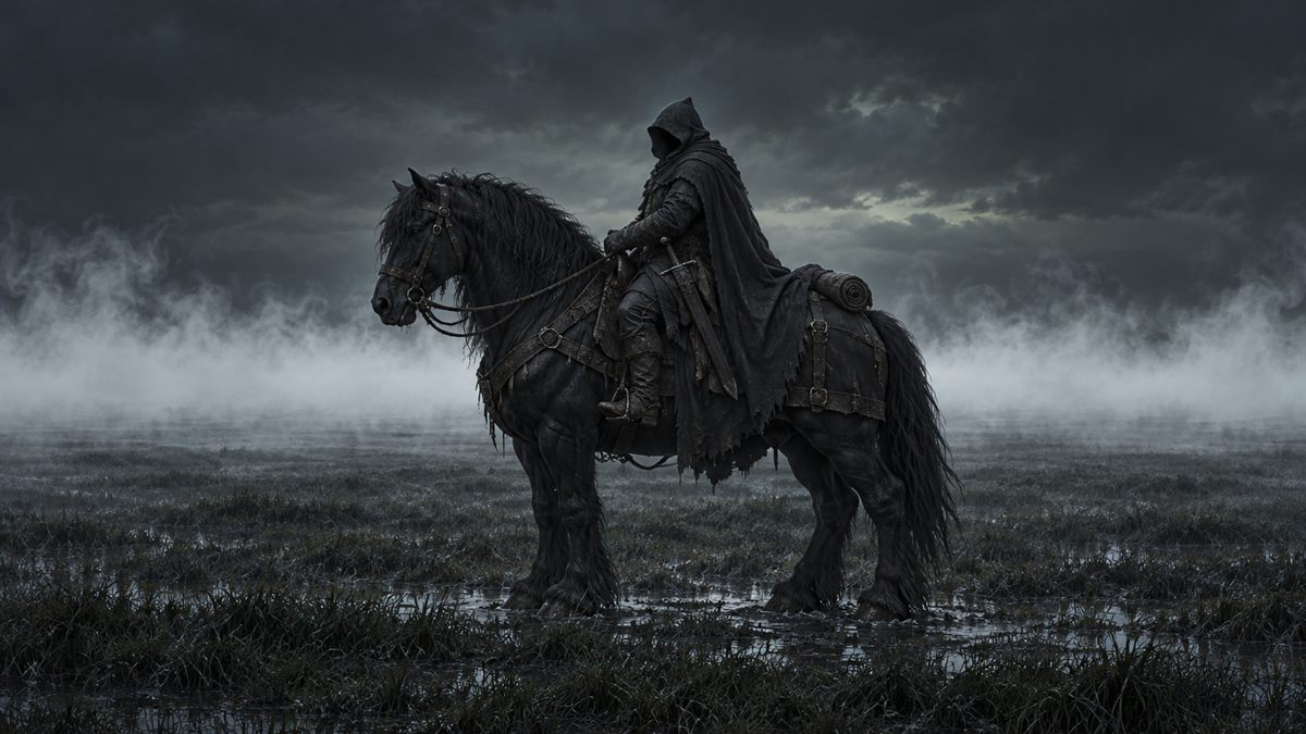 Ein Reiter mit Kapuze auf einem schweren schwarzen Pferd am Abend, schwarz vor einem Nebelband.