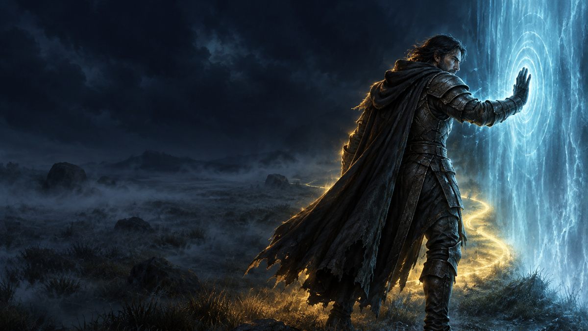 An armoured adventurer pressing a hand against a wall of cold cyan light at night, beside a warm golden path that curves away around it