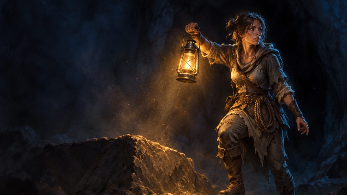 A woman explorer raises a lantern at the dark mouth of an ancient underground passage, lit in gold and cyan