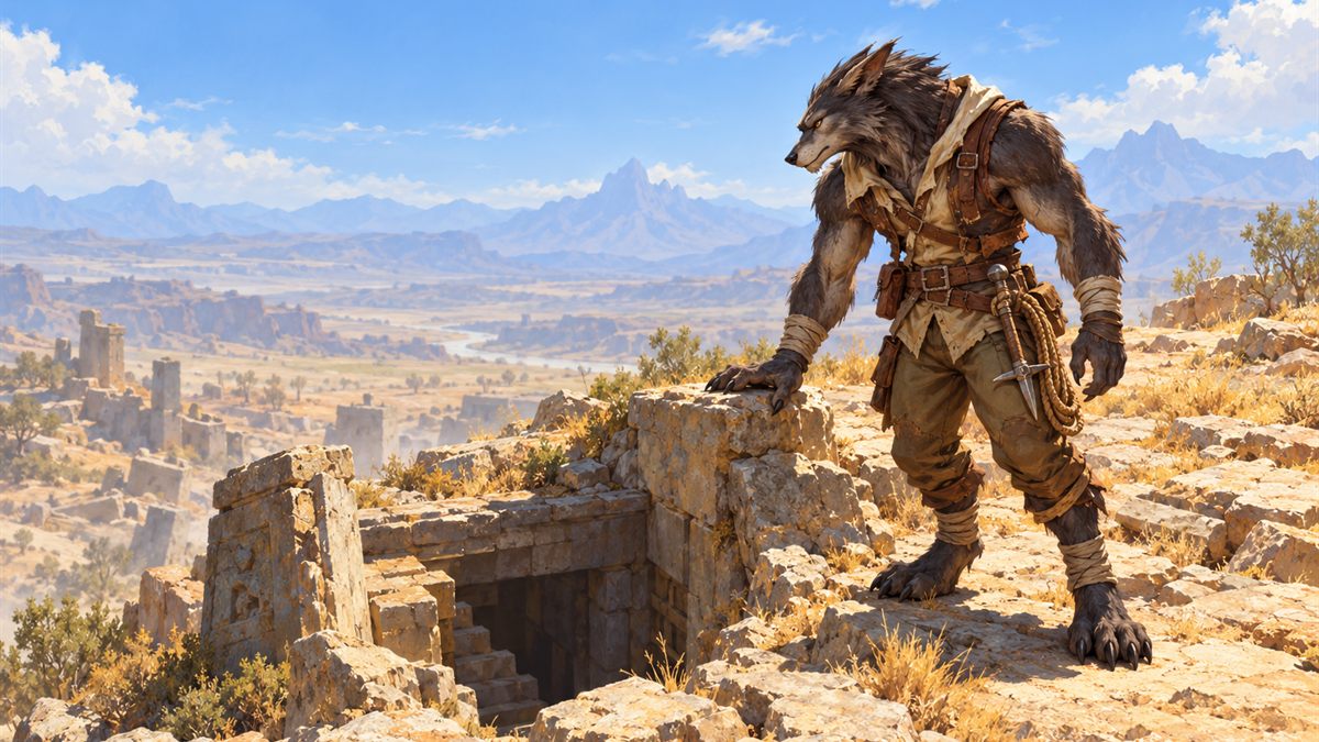 A male worgen scout in simple leather gear stands at the edge of a sunlit excavation and looks down a stone stairway into the ground.