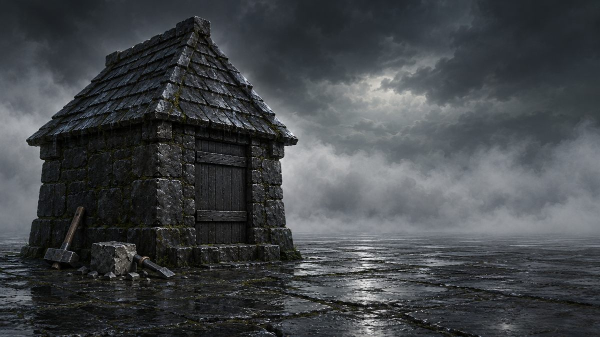 Ein gedrungenes steinernes Brunnenhaus auf nassem Pflaster nach dem Regen, schwarz vor einem Dunstband.