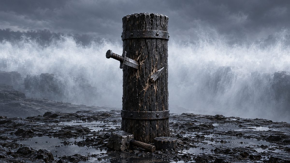 Ein vernarbter Eichenpfahl zum Üben mit einem Dolch darin, schwarz vor einem Band aus Wasserfallgischt.