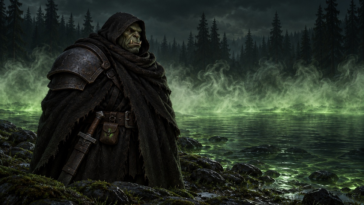 A cloaked adventurer in dark plate stands by a night pool against a band of faintly green steam.
