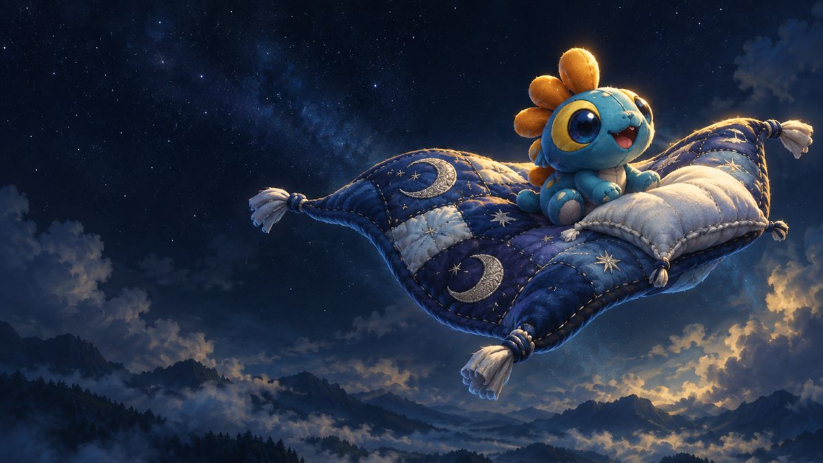 Eine blaue Patchworkdecke mit einem prallen Kissen fliegt durch einen sternklaren Nachthimmel über nebligen Hügeln und trägt ein kleines, rundes blaues Plüschwesen, in warmes Gold und kühles Cyan getaucht.