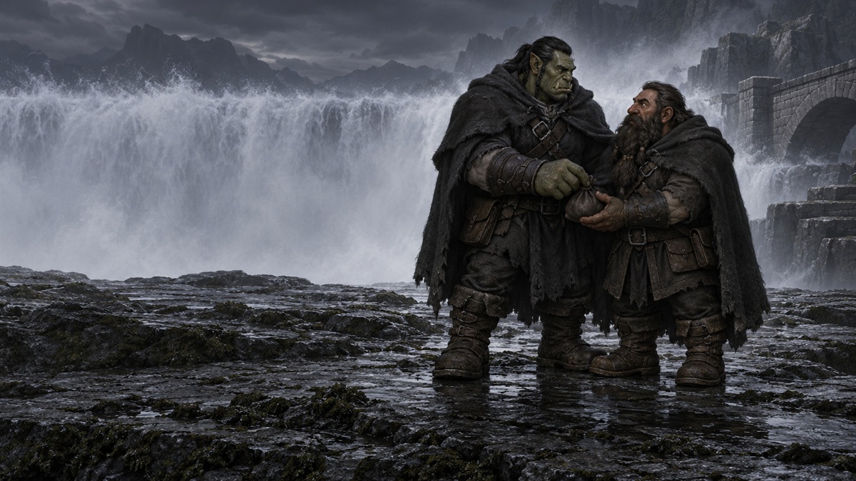 Two cloaked adventurers hand over a heavy coin pouch on a wet rock ledge at dusk, waterfall spray behind them.