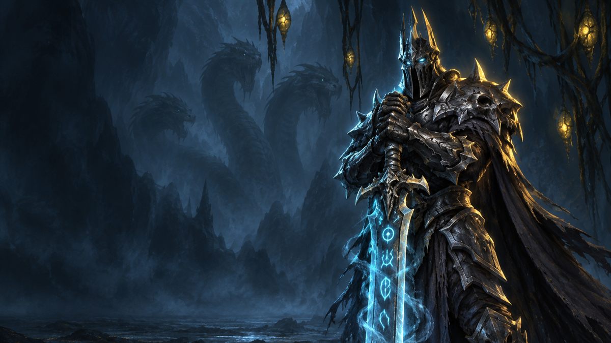 A death knight in dark plate armour holding a glowing runeblade, with the misty outline of a giant three-headed serpent behind him, lit in gold and cyan