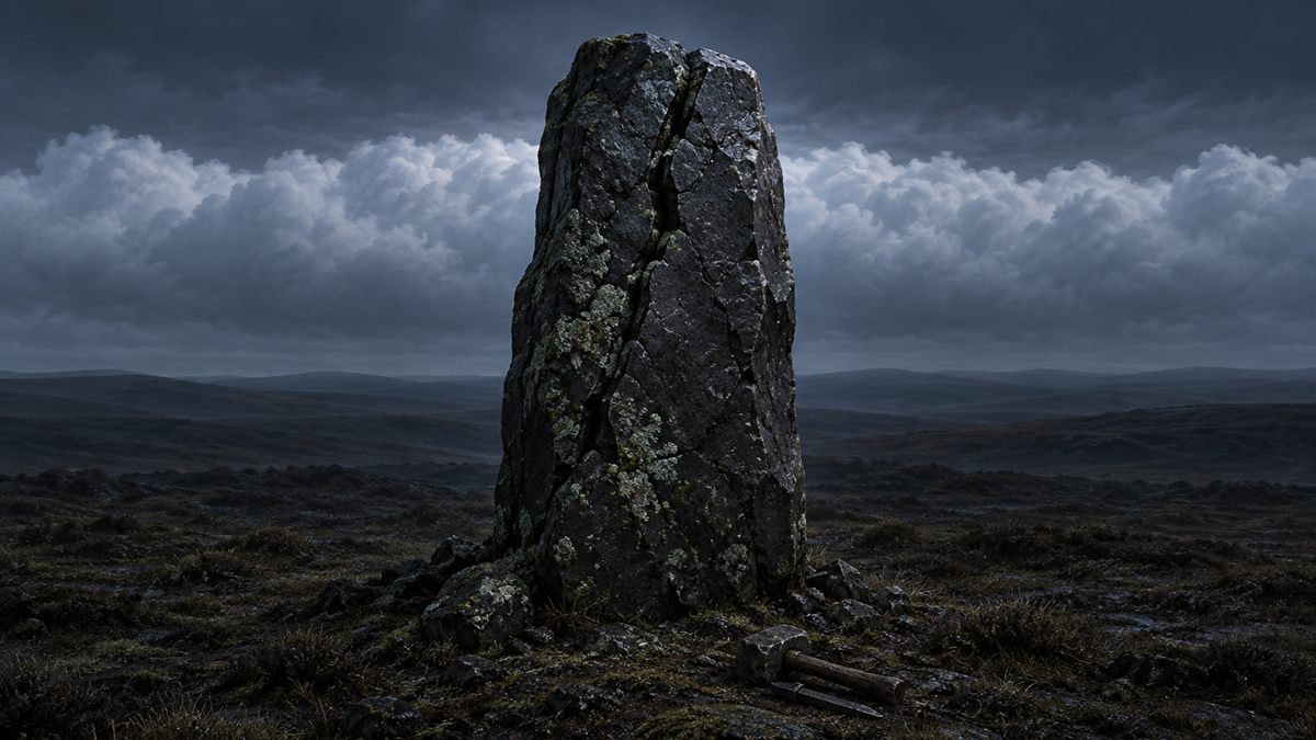 Ein hoher dunkler Menhir auf einem kahlen Grat, schwarz vor einem Band tiefer Wolken vor dem Morgengrauen.