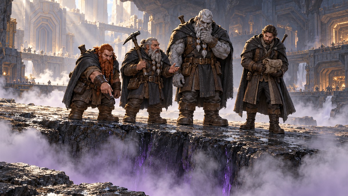 Quatre compagnons en capes sombres côte à côte au bord d'un gouffre fumant éclairé en violet par en dessous.