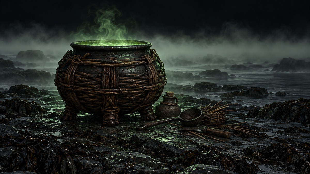 A black iron cauldron in a woven wicker frame on a night shore, green steam rising into the fog.