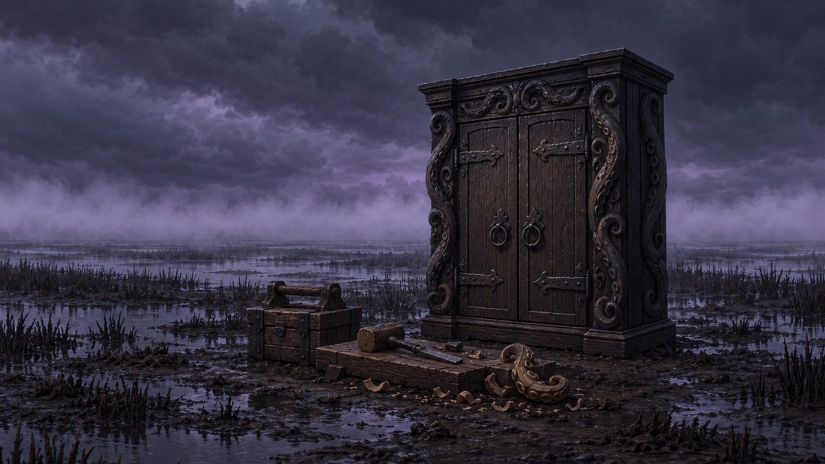 A tall black oak bookcase carved with tentacles in a marsh against a band of fog.